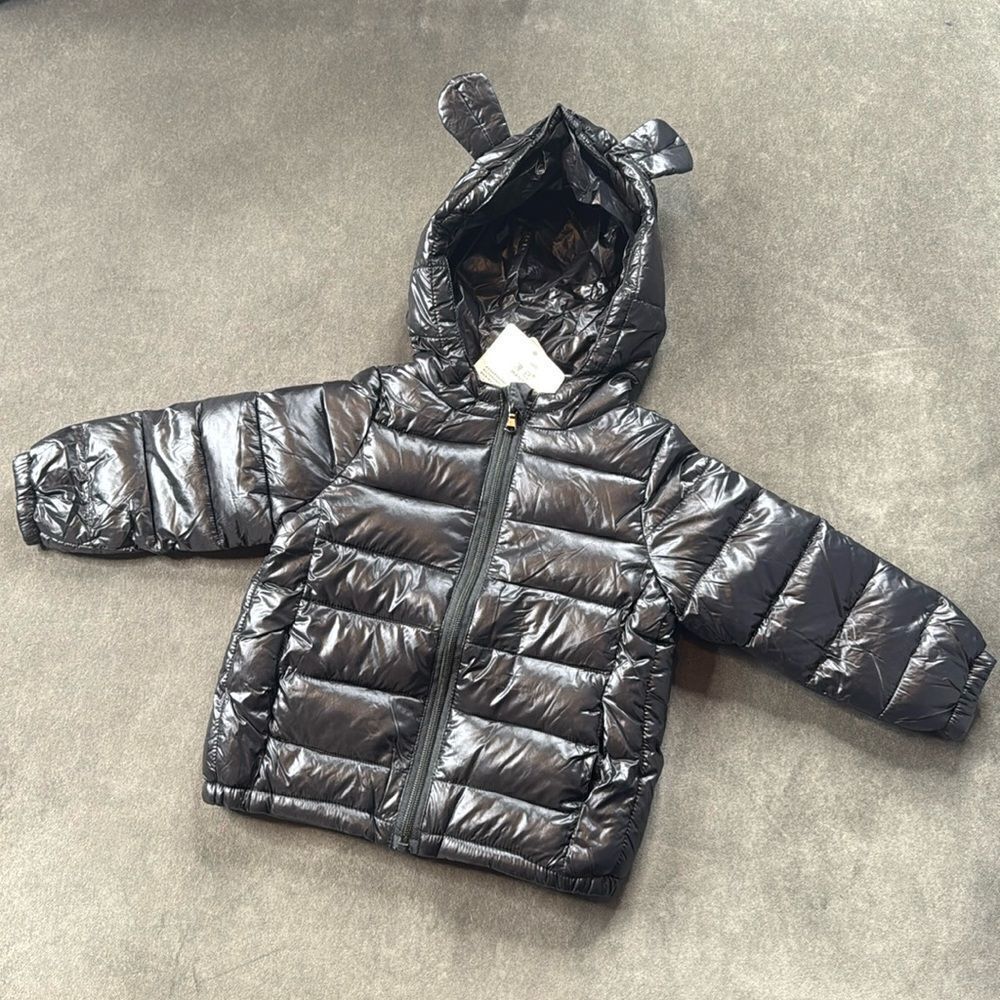 Baby Unisex Manyi Black Hooded Puffer Jacket Bear Ears Full Zip Size 6-12 months